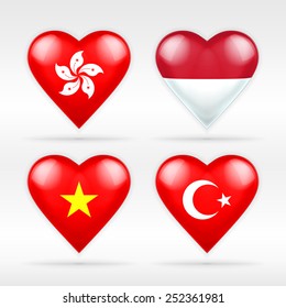 Hong Kong, Indonesia, Vietnam and Turkey heart flag set of Asian states as collection of isolated vector state flags icon elements on white