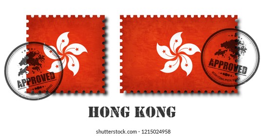 Hong kong or hong kongese flag pattern postage stamp with grunge old scratch texture and affix a seal on isolated background . Black country name with abrasion . Square and rectangle shape . Vector .