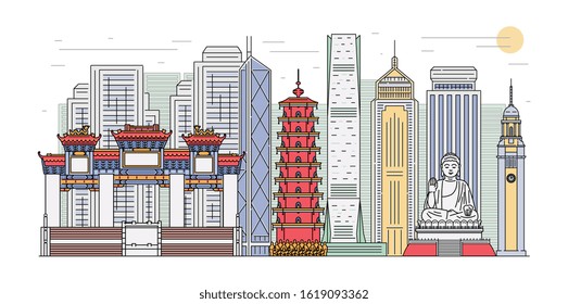 Hong Kong landmark cityscape banner isolated on white background - famous building panorama for tourism poster. Flat vector illustration of Oriental architecture.