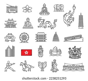 Hong Kong landmark and travel outline icons. Hong Kong doubledecker tram, buddha monument and dragon, pagoda, buddhism temple and skyscraper, flag, coat of arms, ferry and funicular, Mazu goddess