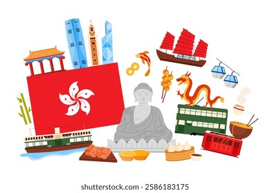 Hong Kong landmarks and culture elements, food in infographic collage banner. Hong Kong city big flag and dragon, ferry and tram, Buddha and gold coins, cake and Dim sum cartoon vector illustration