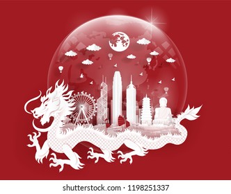 Hong Kong landmarks with dragon in a glass ball of world map in paper cut style vector illustration. Travel poster, post card and tour company. 