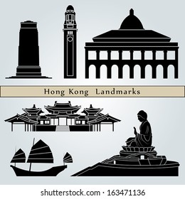 Hong Kong landmarks and monuments isolated on blue background in editable vector file
