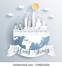 Hong Kong landmarks on earth in paper cut style vector illustration.