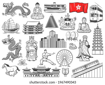 Hong Kong landmarks, touristic attractions and religion vector icons. Hong Kong city flag, coat of arms and dragon, Buddha, sea goddess and tram, ferris wheel, bauhinia and pagoda, Buddhist temple