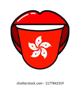 Hong Kong language tongue with flag Hong Kong open woman smile mouth flat icon