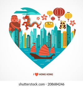 Hong Kong love background and illustration with vector icons