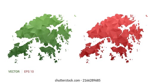 Hong Kong map of abstract vector polygon set couple color green and red.