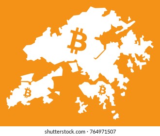Hong Kong map with bitcoin crypto currency symbol illustration