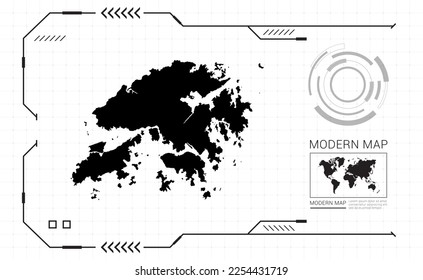 Hong Kong map of black digital frame HUD, GUI, UI interface technology radar vector.