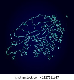 Hong Kong map: blue glitter outline with sparkling stars on dark background. Detailed map of Hong Kong. Vector illustration.