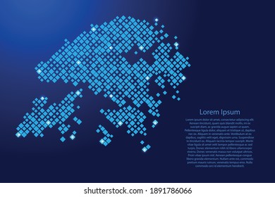 Mapa de Hong Kong con rombos azules de diferentes tamaños y rejilla de estrellas espaciales brillantes. Ilustración vectorial.