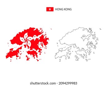 Hong Kong map city vector divided by outline simplicity style. Have 2 versions, black thin line version and color of country flag version. Both map were on the white background.