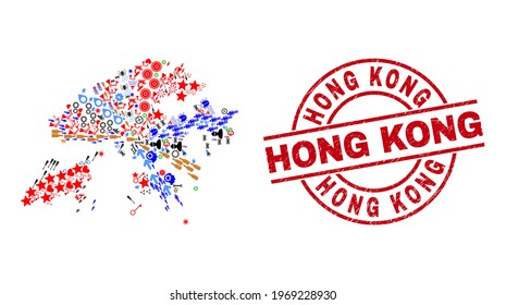 Hong Kong map collage and rubber Hong Kong red round stamp imitation. Hong Kong seal uses vector lines and arcs. Hong Kong map collage contains markers, houses, showers, bugs, men, and more icons.