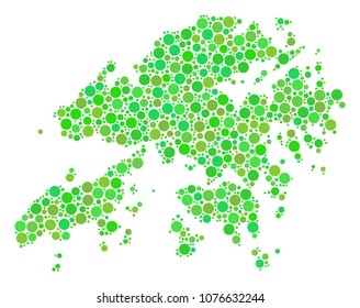 Hong Kong Map composition of scattered circle elements in different sizes and green shades. Vector small spheres are united into hong kong map collage. Eco geography map vector illustration.