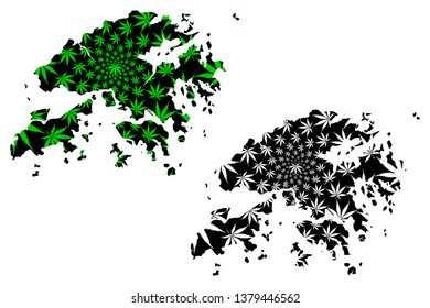 Hong Kong - map is designed cannabis leaf green and black, Special Administrative Region of the Peoples Republic of China (HK) map made of marijuana (marihuana,THC) foliage,