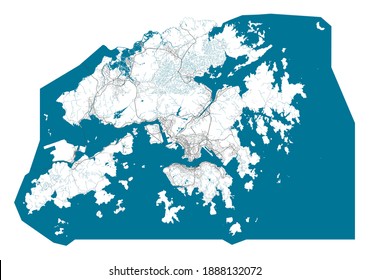 Hong Kong map. Detailed map of Hong Kong city administrative area. Cityscape panorama. Royalty free vector illustration. Outline map with highways, streets, rivers. Tourist decorative street map.