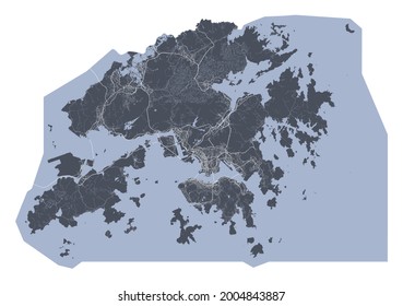 Hong Kong map. Detailed vector map of Hong Kong city administrative area. Cityscape poster metropolitan aria view. Dark land with white streets, roads and avenues. White background.