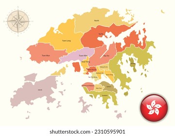 Hong Kong Map with Flag Buttons and Compass wind. Vector illustration.