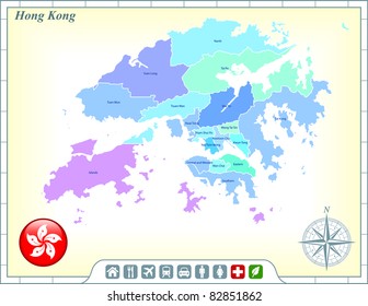 Hong Kong Map with Flag Buttons and Assistance & Activates Icons Original Illustration