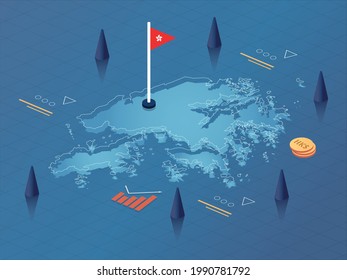 Diseño de la ilustración de Hong Kong Mapa, Bandera y Moneda Moderno Isometric Business and Economy