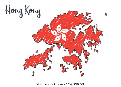 Hong Kong map hand drawn sketch. Vector concept illustration flag, children's drawing.