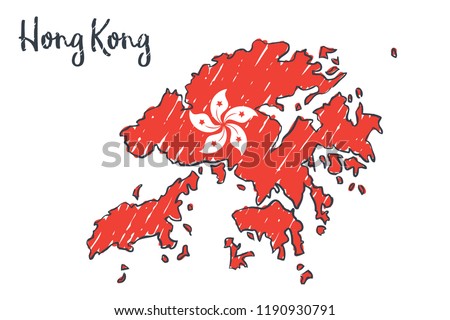 Hong Kong map hand drawn sketch. Vector concept illustration flag, children's drawing.