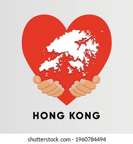 Hong Kong Map in heart shape hold by hands vector illustration design