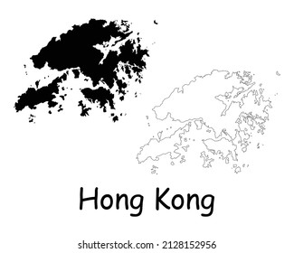Hong Kong Map. HK HKSAR Black silhouette and outline map isolated on white background. Hong Kong Territory Border Boundary Line Icon Sign Symbol Clipart EPS Vector