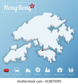 Hong Kong map. Including tourism icon in flat design for modern infographic, Vector, Illustration