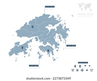 Mapa de Hong Kong de azul infográfico de la ubicación del pin del navegador que verifica la posición del plan de información de comunicación.