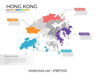 Hong Kong map infographics vector template with regions and pointer marks