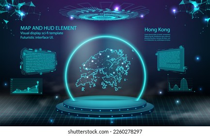 hong Kong map light connecting effect background. abstract digital technology UI, GUI, futuristic HUD Virtual Interface with hong Kong map. Stage futuristic podium in fog.