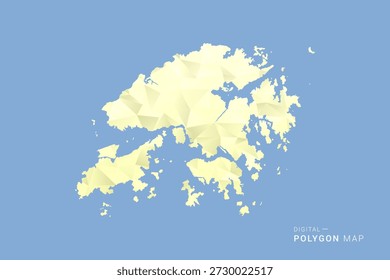 Mapa de Hong Kong em estilo vetorial de polígono baixo, ilustração de forma geométrica com tons suaves amarelos no fundo azul, silhueta limpa para infográfico.