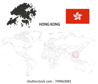 Hong Kong map on a world map with flag on white background.