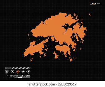 Hong Kong map of orange digital frame HUD, GUI, UI interface technology radar vector.