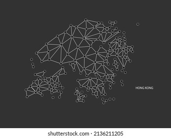 Hong Kong Map Point scales on black background. Wire frame polygonal network white line, dot and shadow dot.