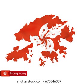 Hong Kong map with waving flag of country. Vector illustration.