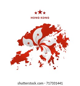 Hong Kong map with waving flag. Vector illustration.