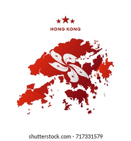 Hong Kong map with waving flag. Vector illustration.