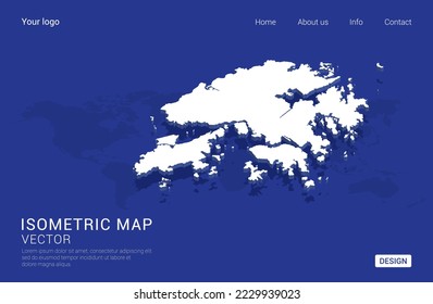 Hong Kong map white on dark blue background 3d isometric vector illustration.