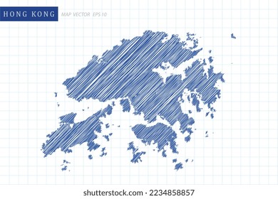 Hong Kong Map - World Map International vector template with blue outline graphic and pen drawing sketch style isolated on white grid background for design, website - Vector illustration eps 10