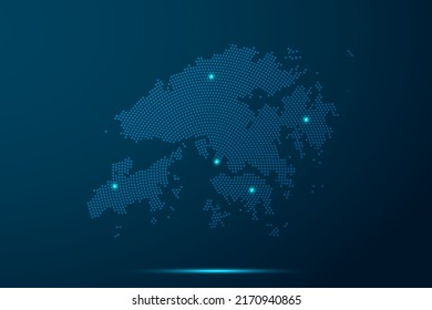 Hong Kong Map - World Map vector template with dots, grid, grunge, halftone style and light, network line, design sphere on blue technology background -  Vector illustration eps 10