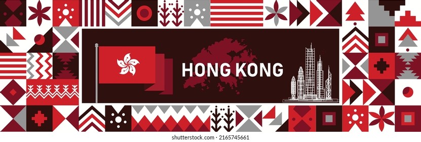 Hong Kong national day banner with map, flag colors theme background and geometric abstract retro modern red white design. Hong Kong landmarks. Cultural pattern. Vector Illustration.