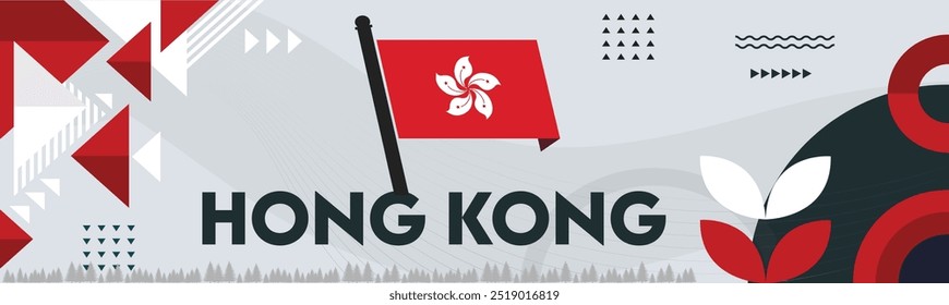 Hong Kong national day banner with map, Hong Kong flag theme background and geometric abstract retro modern design. Cultural pattern. Vector Illustration.