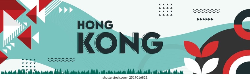 Hong Kong National Day Banner mit Karte, Hong Kong Fahne Thema Hintergrund und geometrische abstrakte Retro modernes Design. Kulturmuster. Vektorgrafik.