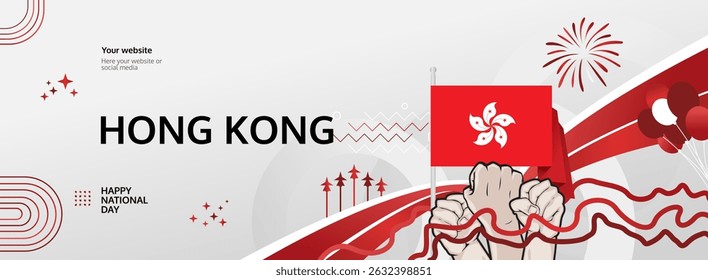 Hong Kong National Day modern greeting banner. 1 October Happy Celebrate. Festive horizontal template background with flag colors, great for carnival poster, tourism campaign, holiday flash sale