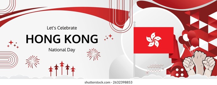 Hong Kong National Day modern greeting banner. 1 October Happy Celebrate. Festive horizontal template background with flag colors, great for carnival poster, tourism campaign, holiday flash sale