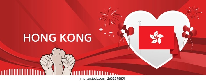 Hong Kong National Day modern greeting banner. 1 October Happy Celebrate. Festive horizontal template background with flag colors, great for carnival poster, tourism campaign, holiday flash sale