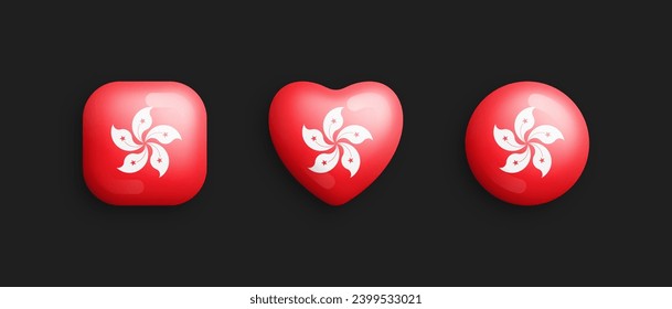 Hong Kong Official National Flag 3D Vector Glossy Icons In Rounded Square, Heart And Circle Form Isolated On Background. Chinese Sign And Symbols Graphic Design Elements Volumetric Buttons Collection